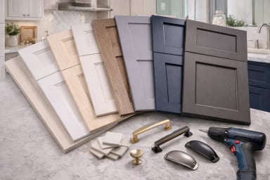 Collection of cabinet door samples and tools