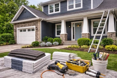 Home renovation tools and materials in front yard