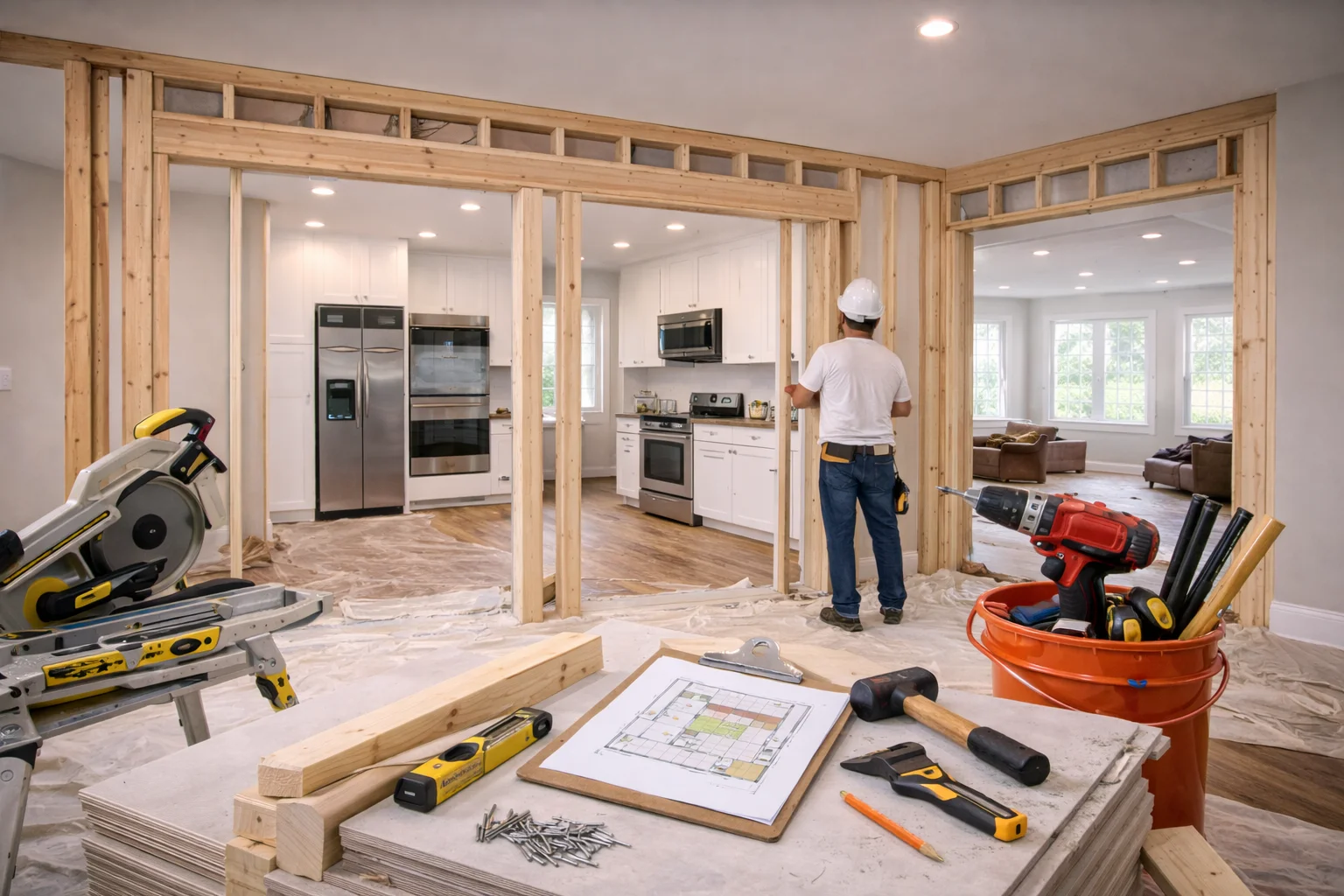 Construction worker in unfinished kitchen remodeling