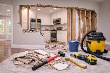 Home renovation kitchen demolition with tools.