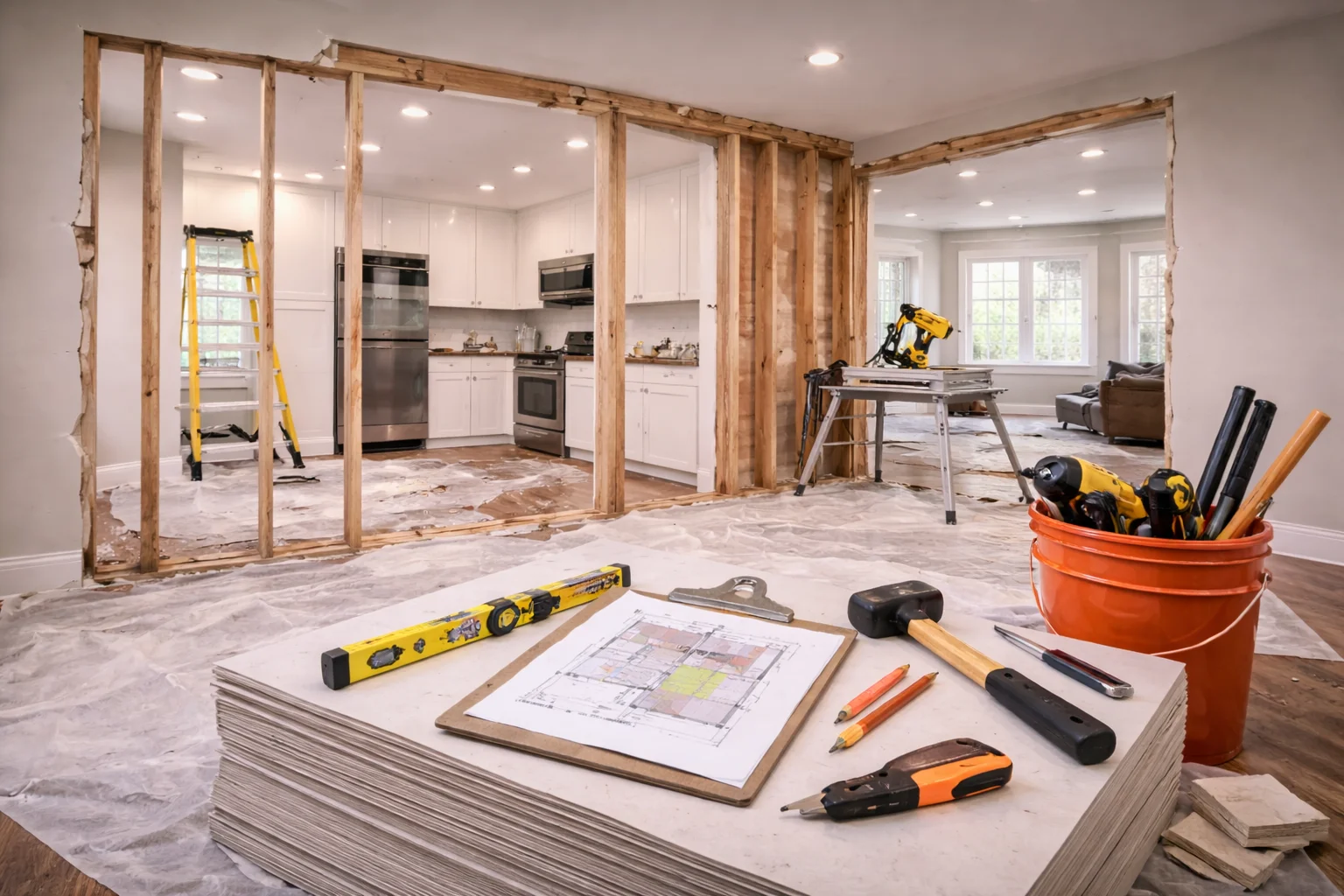 Home renovation in progress showcasing tools and plans