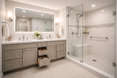 Modern bathroom with shower and double vanity