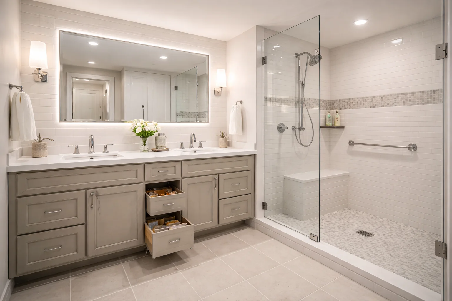 Modern bathroom with shower and double vanity