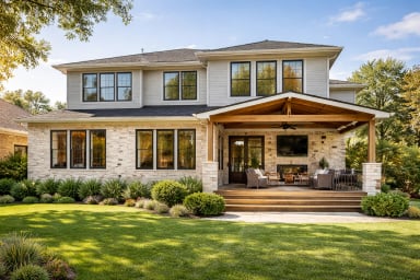 Modern home exterior with porch and greenery