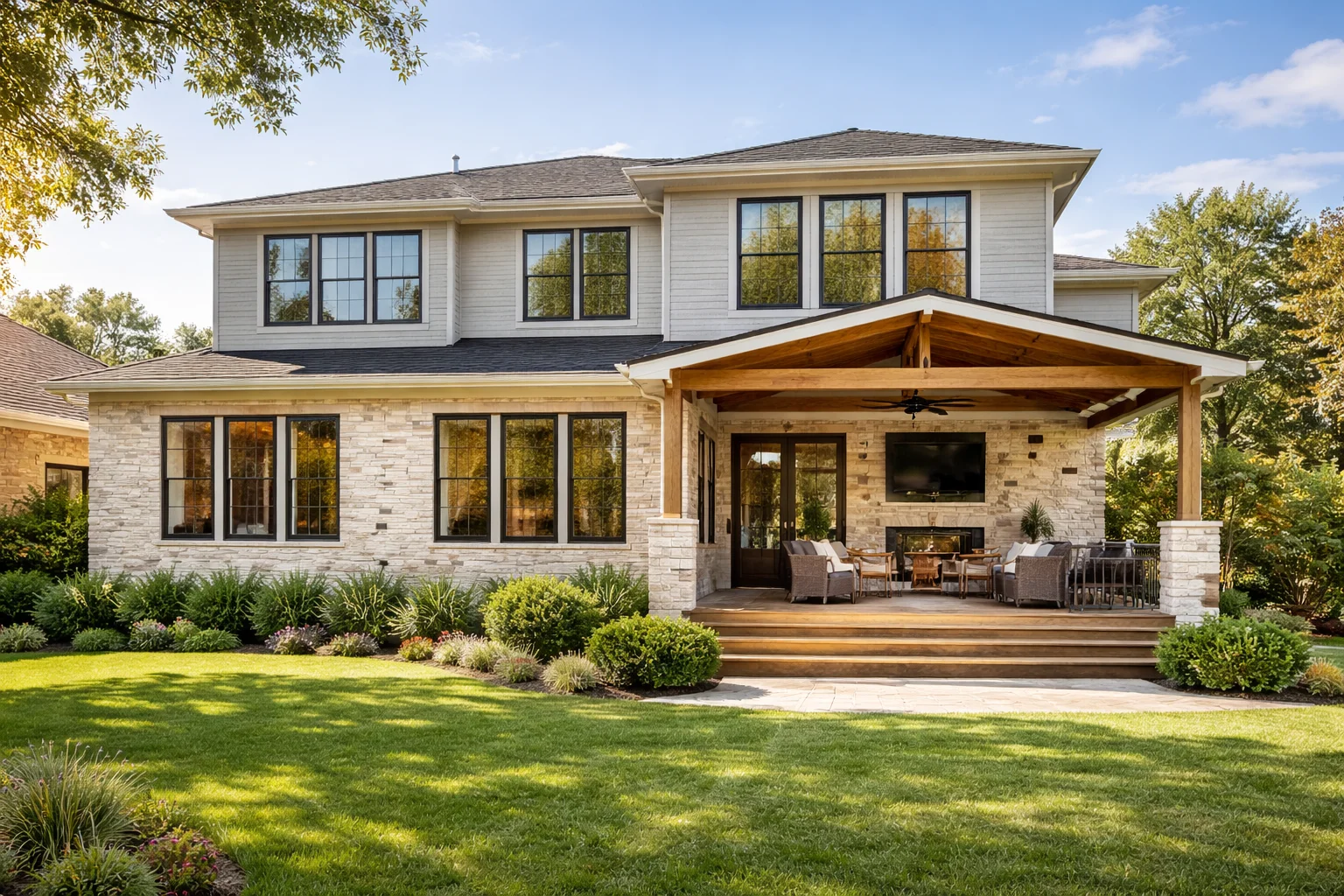 Modern home exterior with porch and greenery