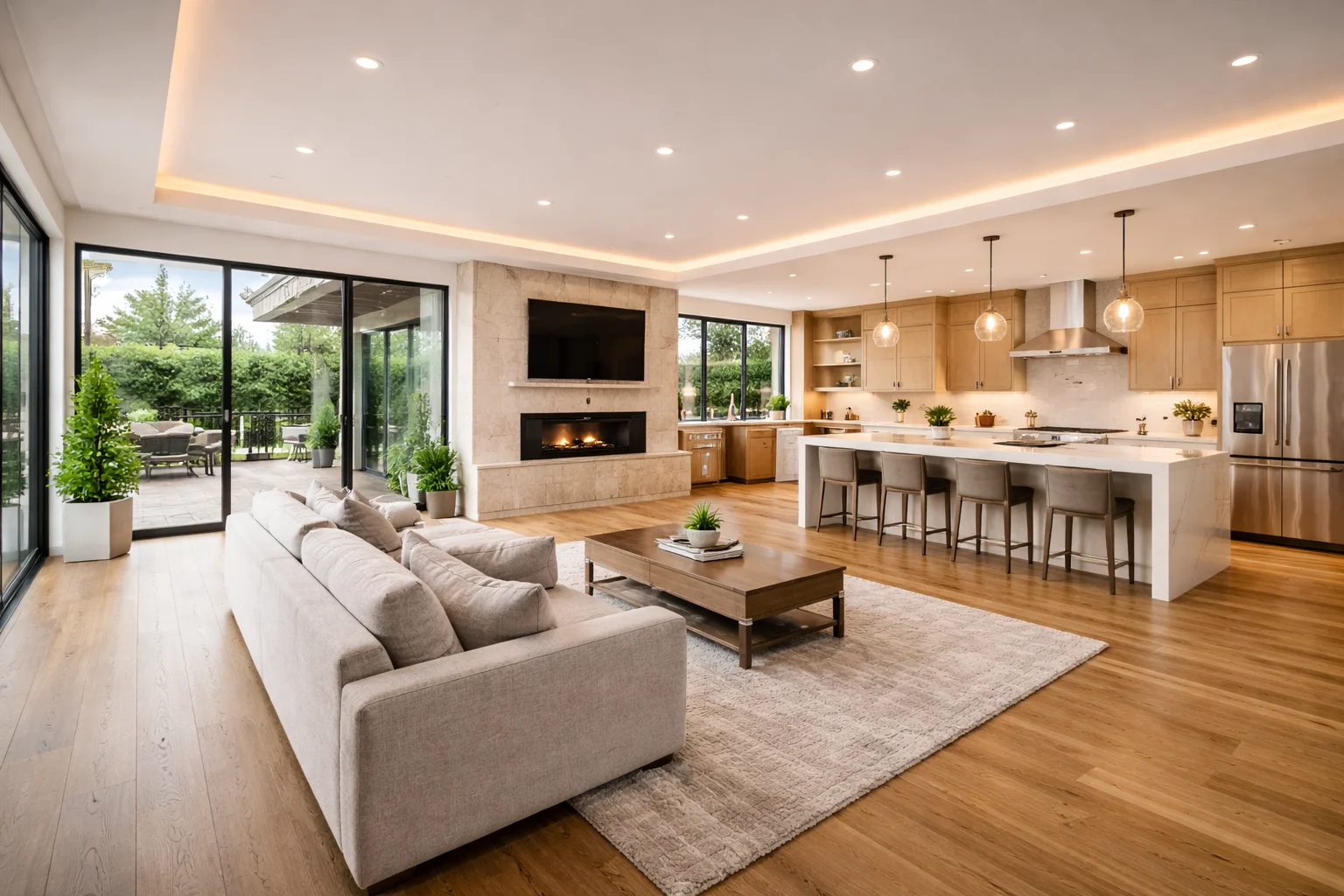 Modern living room with open kitchen and fireplace