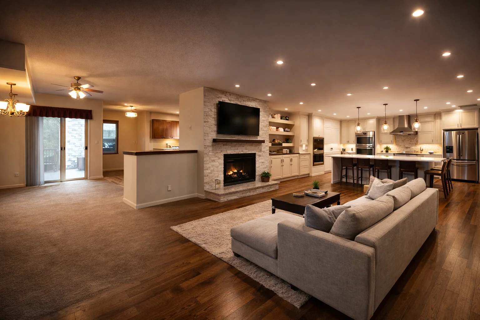 Modern living room with an open layout and kitchen