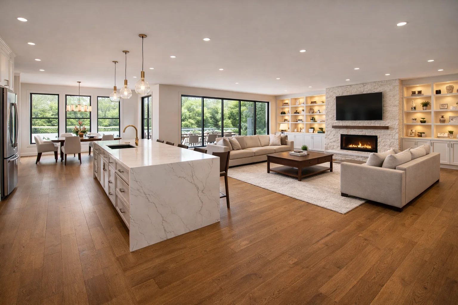 Modern living room and kitchen space with elegant decor