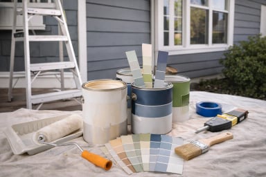 Assorted paint cans and color samples on a yard.