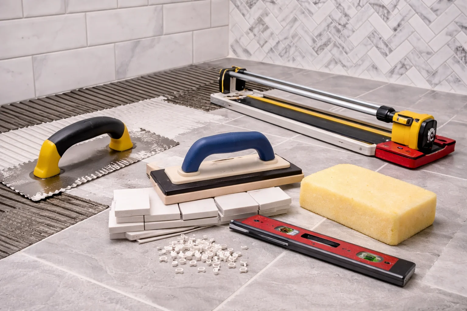 Tools for tiling including a tile cutter, grout float, and level on a tiled surface.