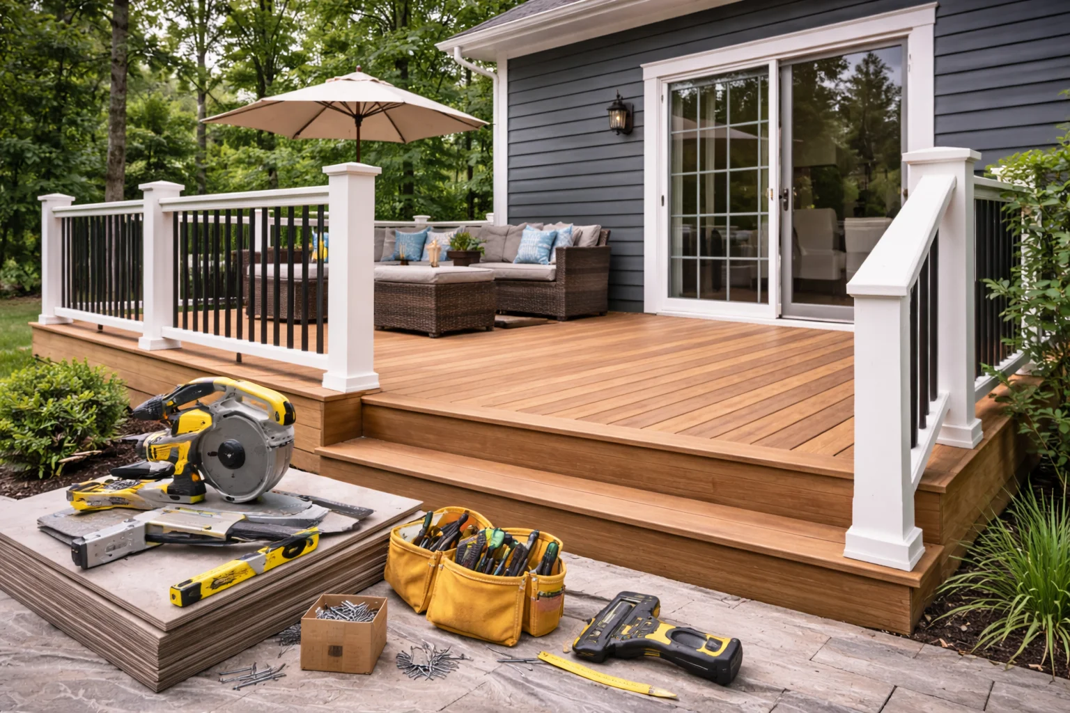 Home deck renovation tools and patio setup